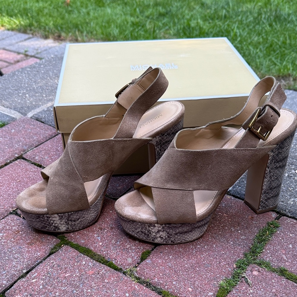 Michael Kors Taupe and Snakeskin Platform Heels